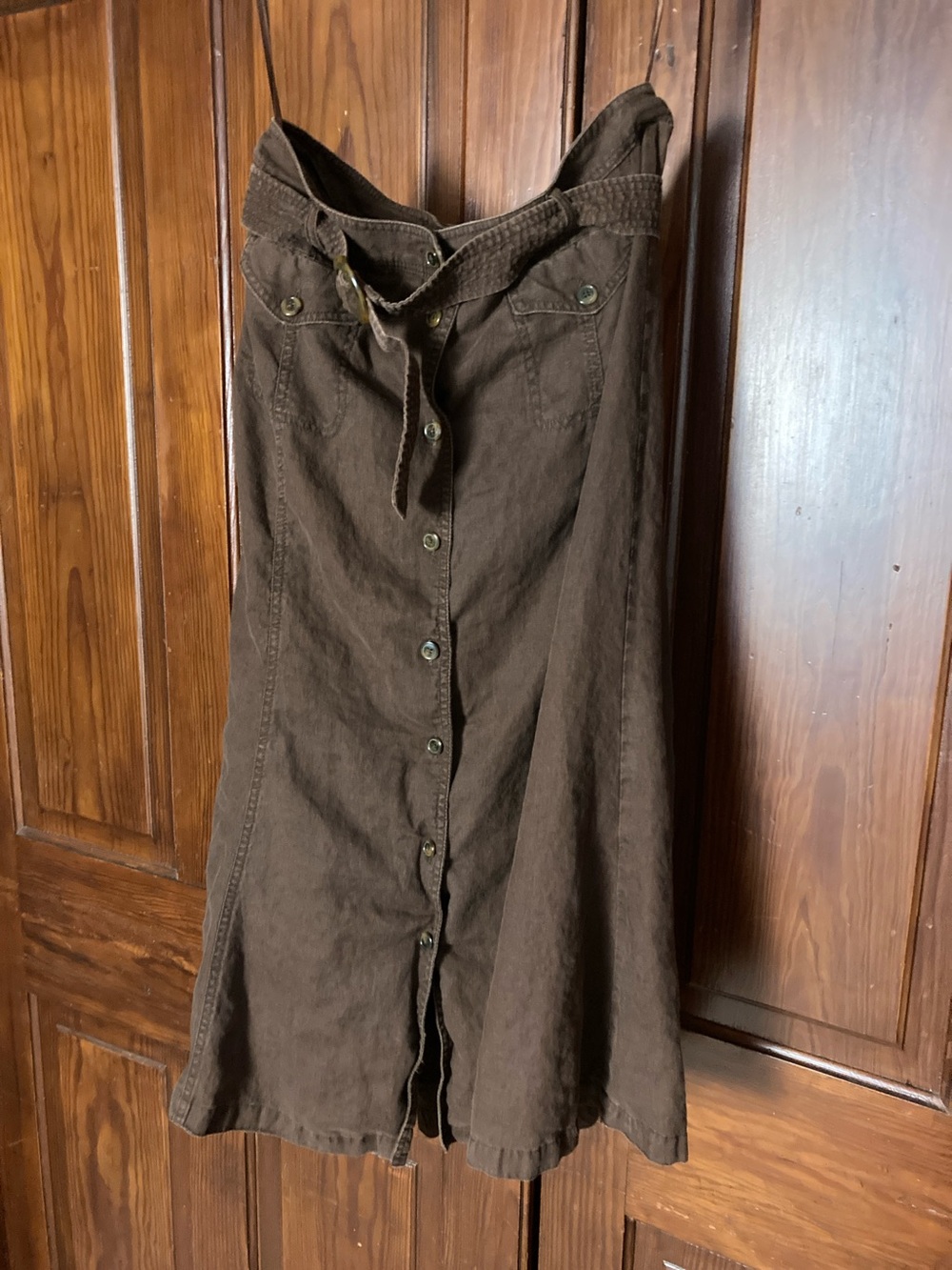Jones New York Linen Brown Belted Lined Button-Front Midi Skirt Size 10